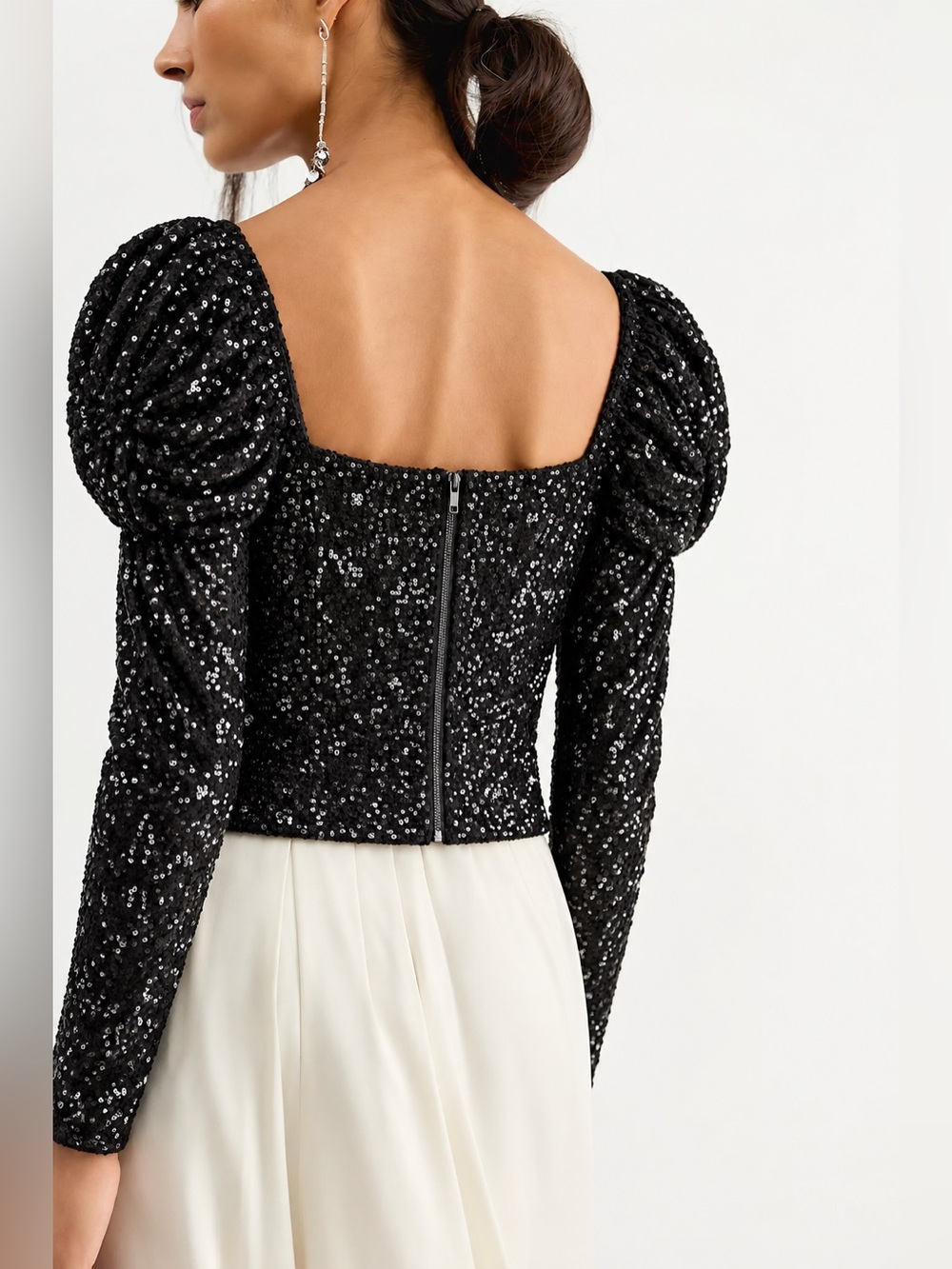 Ramy Brook Hazel Black Sequin Square Neck Puff Sleeve Designer Luxury Top NWT, S - Picture 2 of 16